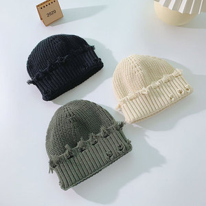 Nouvelle mode <span class=keywords><strong>en</strong></span> détresse Crochet Beanie chapeau d'hiver tricoté manchette Beanie <span class=keywords><strong>laine</strong></span> solide blanc casquette d'hiver - Product Image 2