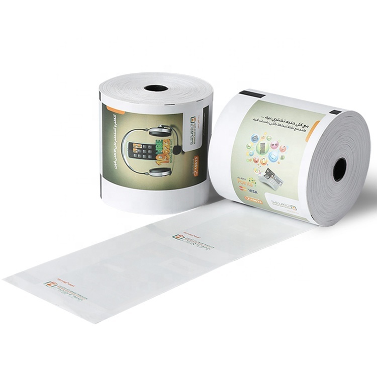 Venta directa de fábrica: rollo de papel térmico para cajero automático preimpreso personalizado, rollo de papel para caja registradora, rollos de caja impresos para banco