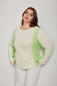 Women Knitted Pullover Spring 2026 100%Cotton Casual Gradient <strong>Knit</strong> <strong>Sweater</strong> Plus Size Light Green &amp; <strong>White</strong> with Purple Dot Details - Product Image 4