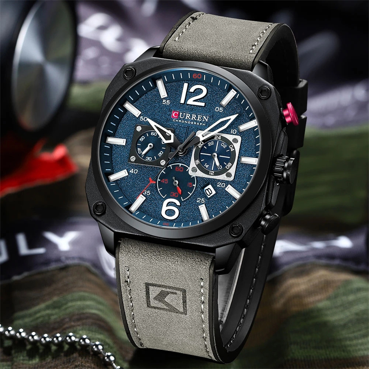 CURREN Orologio Da Uomo Cronografo Al Quarzo - Cinturino In Pelle, Cassa 47 Mm, Datario, Impermeabile 3 ATM, Colore Argento/blu