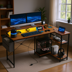 Scrivania a L per Computer 58 Pollici Reversibile in Legno Marrone con Supporto Monitor, Prese di Corrente e Luci LED per Ufficio Domestico - Product Image 2