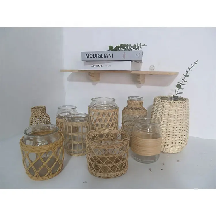 Vaso de vidro de tecido rattan, vaso de flores rústico estilo country, cesto de vidro, vasos de mesa para decoração de casa, flores