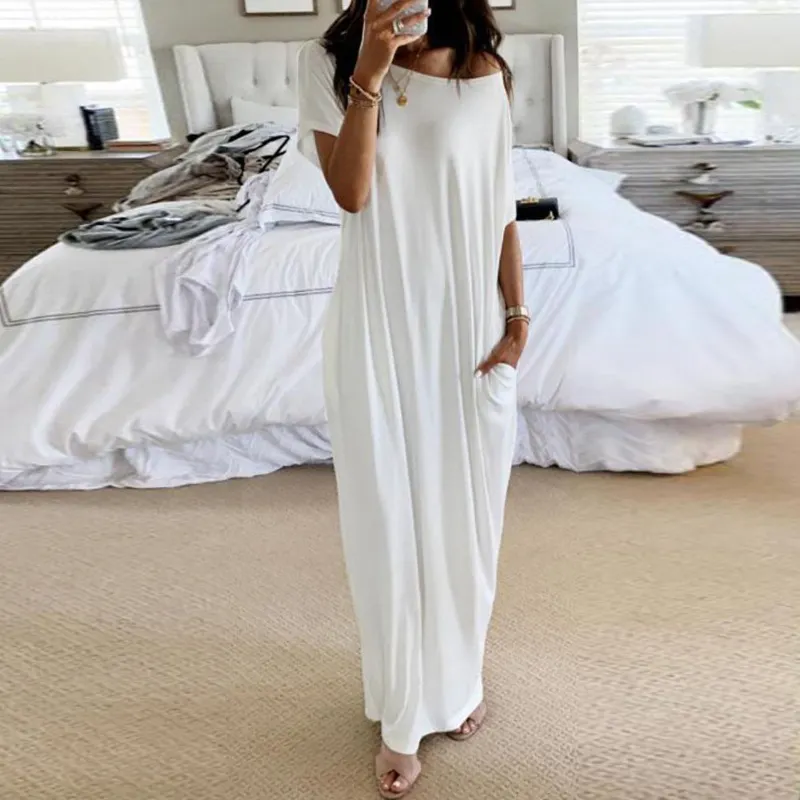 Factory women summer blank plus size long tee dress casual oversized short sleeve maxi t shirt dresses with pockets