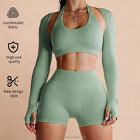 Ensemble de yoga personnalisé pour femmes, 2 pièces, haut court à manches longues, short taille haute, vêtements de sport, legging, col carré, yoga, vêtements de sport évasés