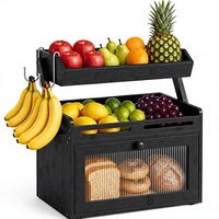 Multifunktionale Brotbox aus Bambus, Obstkorb mit Erhöhtem Regal, Transparente Tür, 2 Bananenhaken - Großer Schwarzer Küchenorganizer