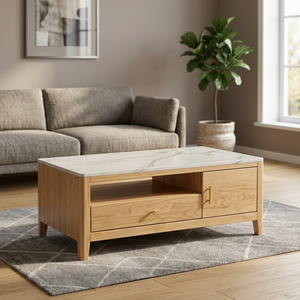 Mesa de centro moderna de madera con tapa de mármol y cajón de almacenamiento, muebles escandinavos para sala de estar - Product Image 5
