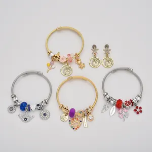 Wholesale Colorful Cubic Zircon Locket Bangles And Stainless Steel Earrings With Pendant 4Pc Sets