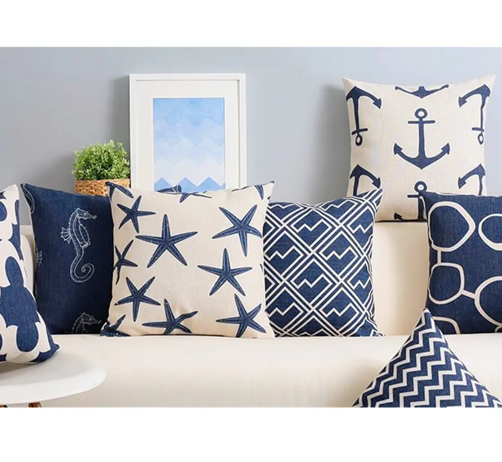 Hot Sale Special Navy Blue Cushion Cover Linen Hamptons Pillow Cover Home Decorative Sofa Nautical Abstract Pillow Case