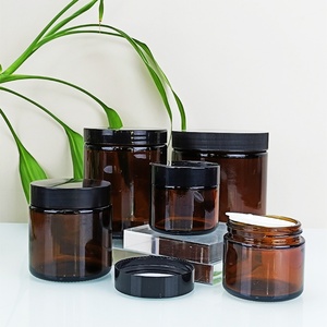 1oz 2oz 4oz 8oz Straight Sided Round Amber Glass Cosmetic <b>Jar</b> with Black Plastic Lid BPA Free Container - Product Image 2