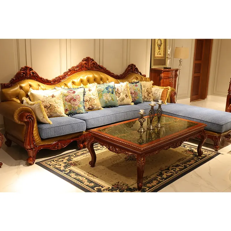 Sofá de salón en forma de L de estilo europeo de alta calidad, juego de madera marrón oscuro Vintage tradicional para el hogar, Villa, muebles de sala de estar