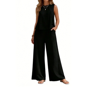 Ensemble 2 pièces sans manches pour femmes - Haut décontracté ample et pantalon large avec poches - Tenues pour femmes - Mode - Product Image 3