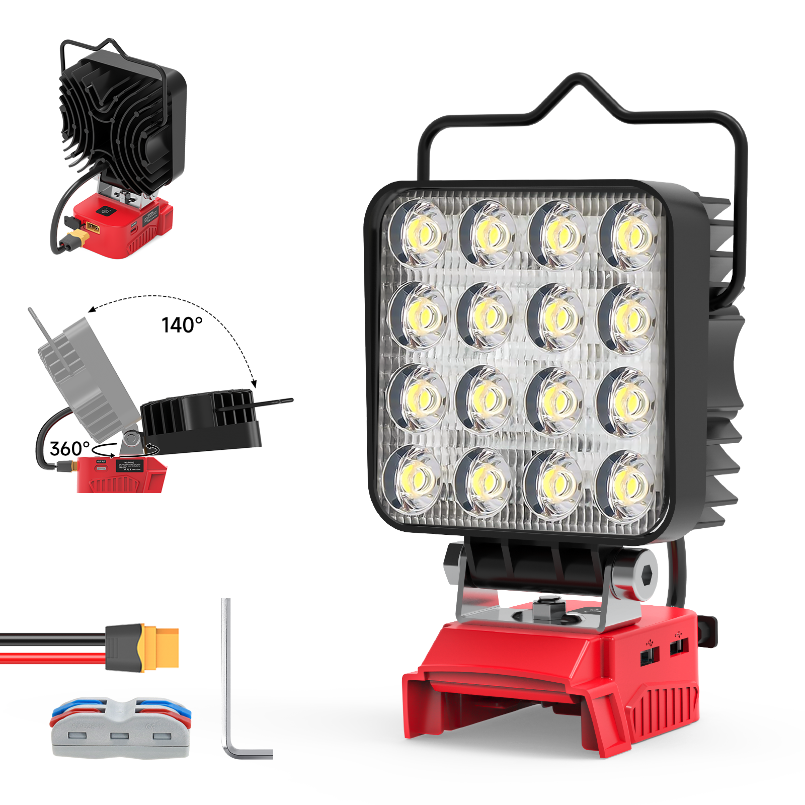 Waterproof 48W 4800LM Portable 18V LED Work Light USB & Type-C Charging Port Rechargeable LED Lamp