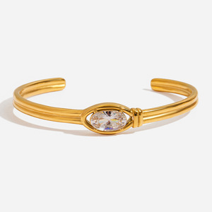 Bracelet manchette tendance en acier inoxydable plaqué or 18 carats avec zircon blanc, double couche, design ouvert, bijou unisexe, cadeau - Product Image 1