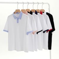 Chemise style streetwear 200g en pur coton, col rabattu, manches courtes, encolure color-block, coupe décontractée et ample, uniforme de classe