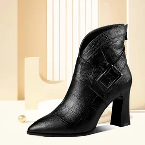 Damen Gürtelschnalle gestreifter hinterer Reißverschluss modisch dicke hohe Absätze Knöchel Martin Stiefel Schuhe für Damen neue Stile Stiefel