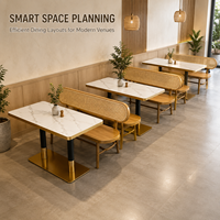 Banc de salle à manger en bois avec dossier en rotin pour restaurant, ensemble de banquettes avec table en pierre pour café et hôtel