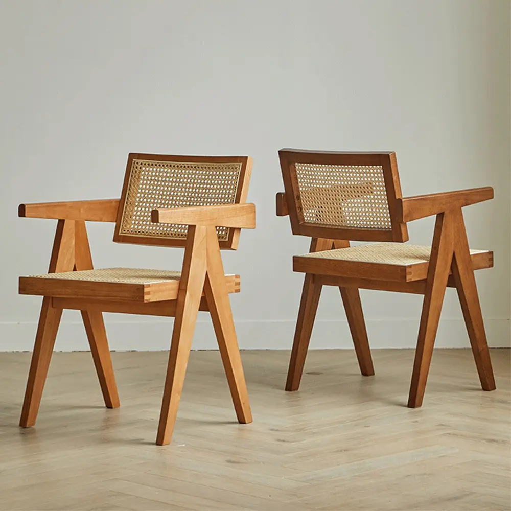 Vente directe d'usine, chaises de salle à manger, fauteuil en bois massif avec siège tissé en rotin, chaise de loisirs