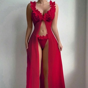 Robe de nuit longue sexy et <span class=keywords><strong>sensuelle</strong></span> pour femme, motif floral, col en V profond, dentelle, fente haute, en maille, ensemble 2 pièces très sexy - Product Image 5