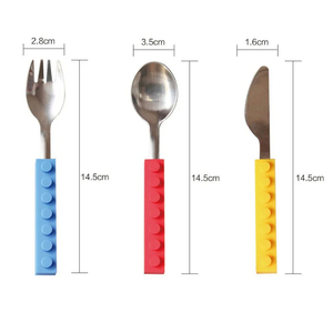 3Pcs Kids Silicone Cutlery Set Fun Building Block Design Stainless Steel <b>Fork</b>/Spoon/Knife Toddler Dinnerware - Product Image 6