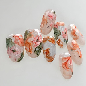 <span class=keywords><strong>Uñas</strong></span> Postizas con Diseño <span class=keywords><strong>de</strong></span> <span class=keywords><strong>Loto</strong></span> y Peces Koi Estilo Chino, <span class=keywords><strong>Uñas</strong></span> Acrílicas Pintadas a Mano, Reutilizables, Cobertura Completa, para Mujer - Product Image 1