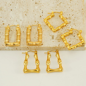ZOGXIN Bamboo Texture Hoop Earrings Geometric Square Stainless Steel Gold Color Fashion Jewelry - Product Image 2