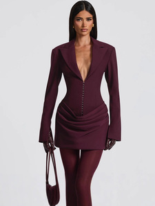 Vestido estilo traje ceñido a la cintura con cuello en <span class=keywords><strong>V</strong></span> profundo de color sólido para mujer - Product Image 3