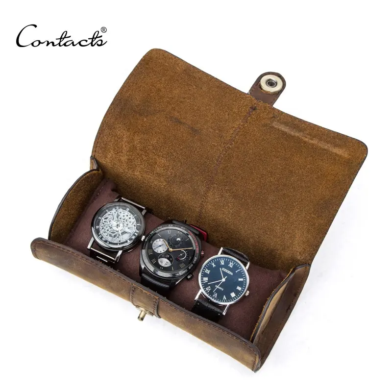 CONTACT'S-bolsa para reloj de viaje, estuche de cuero genuino de calidad, redondo, con 3 ranuras, para exhibición de relojes, venta al por mayor