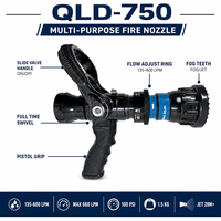 QLD-750 Nozel Pemadam Kebakaran Multiguna dari Paduan Aluminium 135-600LPM dengan Katup Geser Jet Kabut yang Dapat Disesuaikan Storz NH Rusia Prancis OEM Kelas A/B