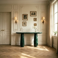 Table console minimaliste sophistiquée à deux cylindres en marbre vert foncé, idéale pour les halls d'hôtels haut de gamme et les maisons contemporaines