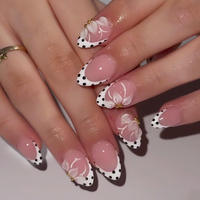 Lot de 24 faux ongles semi-artisanaux à presser, motifs colorés printemps-été, avec fleurs 3D, perles et strass œil de chat, fabrication machine.