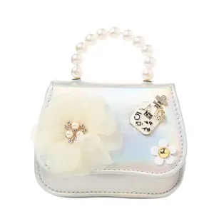 고품질 반짝이 보라색 가죽 귀여운 작은 핸드백 손 꽃 진주 작은 공주 핑크 미니 여자 가방 지갑