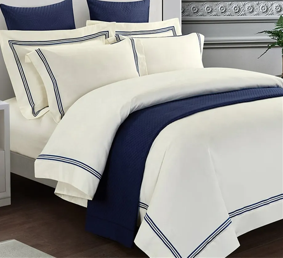 China factory hot sale OEM 100% cotton embroidery hotel duvet cover flat bedsheet set bedding set