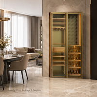 Armoire à vin de luxe sur mesure en acier inoxydable, armoire de rangement à vin avec porte en verre et éclairage LED, avec étagère à vin en bois massif pour villa et maison