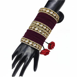 Elegant <b>Gold</b> Plated Kundan Stone and Pearl Bracelets Velvet <b>Bangles</b> <b>Set</b> - Product Image 2