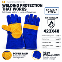 Gants de soudage personnalisés en cuir de vachette fendu CE EN 12477 Type A résistants à la chaleur avec paume double renforcée et manchette longue – Vente en gros