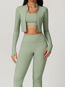 Conjunto deportivo de 3 piezas para mujer, ropa de gimnasio sólida, mallas de cintura alta, chaqueta de manga larga, Sujetador deportivo a prueba de golpes - Product Image 3