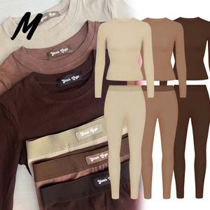 ชุดลำลองผู้หญิงสำหรับฤดูหนาว ผ้าคอตตอนถักลายริบ แขนยาว กางเกงเลกกิ้ง สกรีนโลโก้สีตามสั่ง ชุดสองชิ้น - Product Image 2