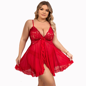 ملابس نوم نسائية بمقاسات كبيرة مفتوحة من الأمام قميص نوم مثير من الدانتيل ملابس نوم بفيونكة من الدانتيل ملابس نوم - Product Image 1