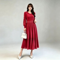 Robe longue plissée grande taille avec empiècements en dentelle crochet et motifs floraux 3D, manches lanternes, robe de soirée plissée Miyake pour l'automne