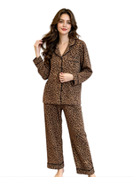 Pyjama décontracté et élégant en polyester à imprimé léopard, taille élastique, manches longues, pour femme, collection Printemps-Automne