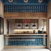 Vitrine de présentation en placage de bois pour restauration rapide tendance, peinture texturée + grille en bois, éclairage LED personnalisé, étanche