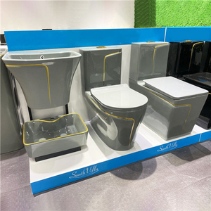 Artículos sanitarios de baño modernos, inodoro cuadrado de una pieza, piso, lavabo de baño y inodoro de cerámica, juego de inodoro Wc de línea dorada gris - Product Image 2