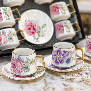 Tasses à thé et soucoupes personnalisées en porcelaine de Chine neuve, à motif espresso imprimé sur mesure, avec bordure dorée et poignée, 90cc, couleurs vives - Product Image 4