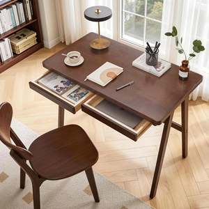 Scrivania per Computer in Legno Massello di Gomma, Stile Retrò Noce, con Cassetto e Gambe a Telaio a T, 100x55 cm, Design Robusto per Casa - Product Image 2