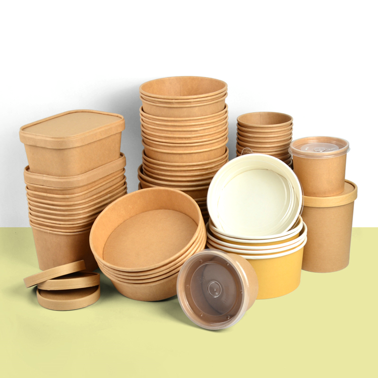 Disposable Round Paper Soup Bowl Paper Cups Food Container Biodegradable Take Away Fast Food Kraft Paper Salad Bowl With Lids