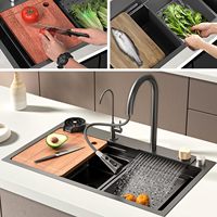Évier de Cuisine Moderne en Acier Inoxydable 304 à Cuve Unique, Design Cascade Multifonctionnel Intelligent avec Robinet Extractible, Style Noir