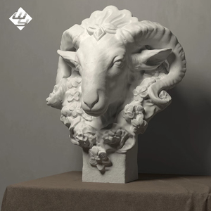 Sculpture de tête de chèvre en marbre à relief floral, tête de mouton sculptée en <span class=keywords><strong>pierre</strong></span> naturelle, art mural pour l'intérieur et l'extérieur, jardin - Product Image 1
