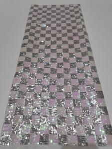 Tela de encaje de lentejuelas a cuadros en blanco y negro terciopelo nuevo <span class=keywords><strong>Material</strong></span> de ropa de banquete africano - Product Image 3