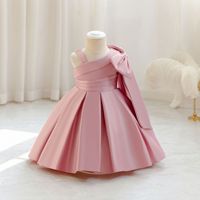 Gaun Bayi Perempuan Formal Satin Asimetris dengan Pita Besar dan Lipit, Gaun Pesta Pernikahan untuk Balita, Gaun Ulang Tahun, Grosir