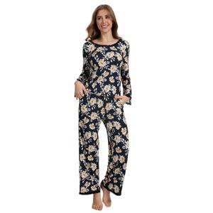 Ensemble de pyjama personnalisé pour femmes, imprimé floral foncé, manches longues, dentelle, vêtements de détente, pyjama doux et extensible avec poches, pyjamas pour femmes - Product Image 1